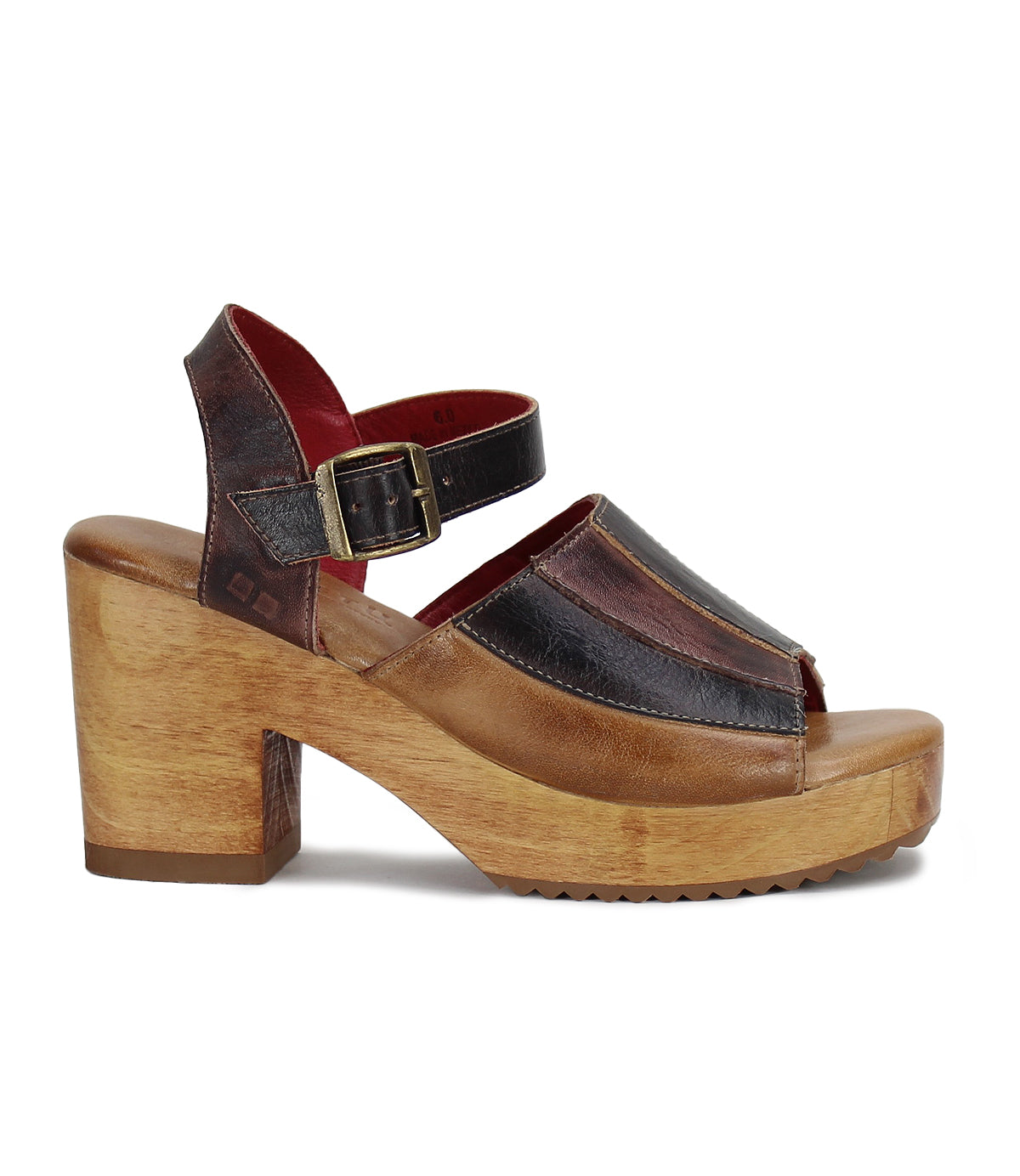 A Bed Stu women's Jetsetter sandal with a wooden heel and leather straps.