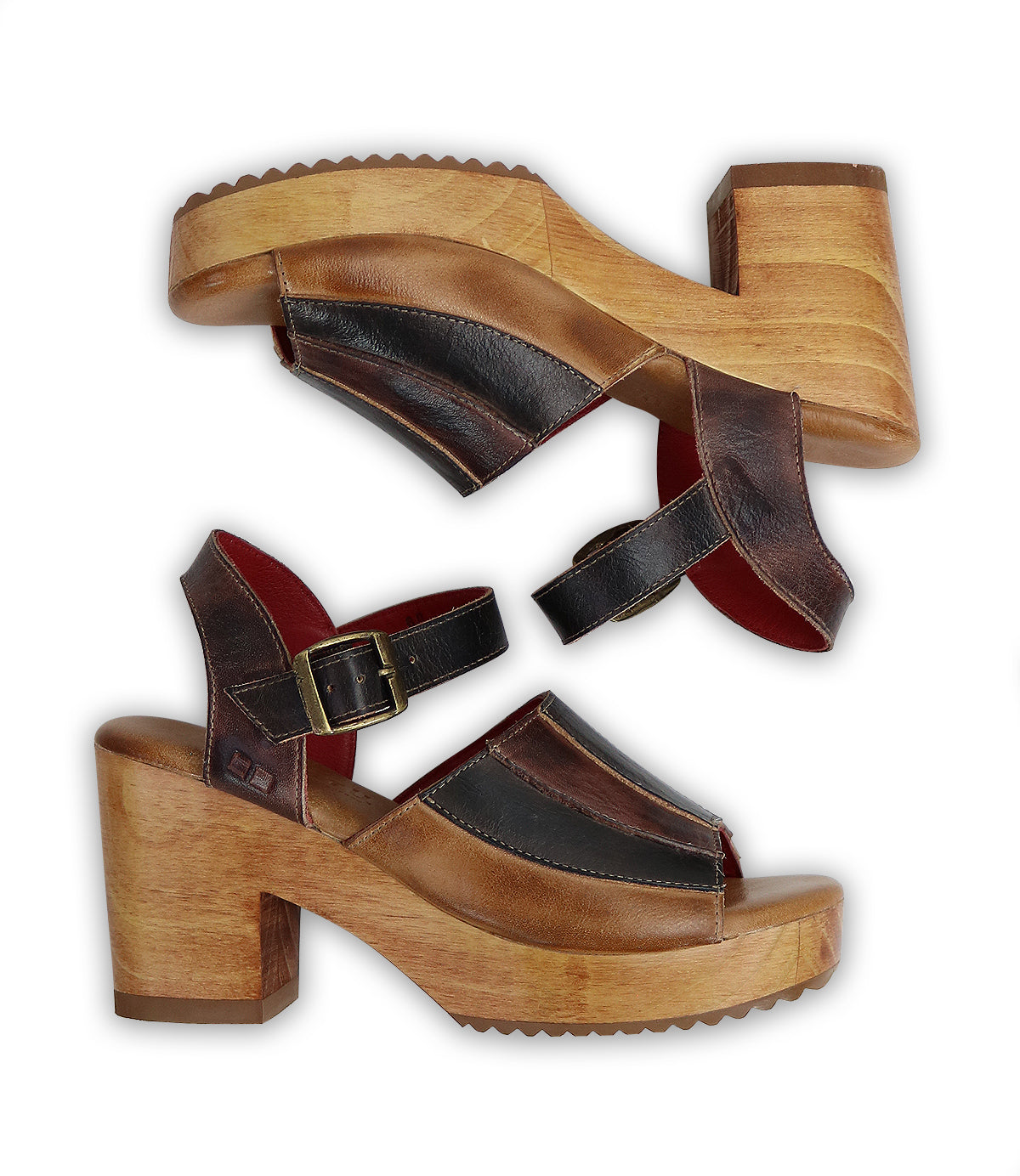 A pair of Bed Stu Jetsetter sandals with leather heels on a white background.