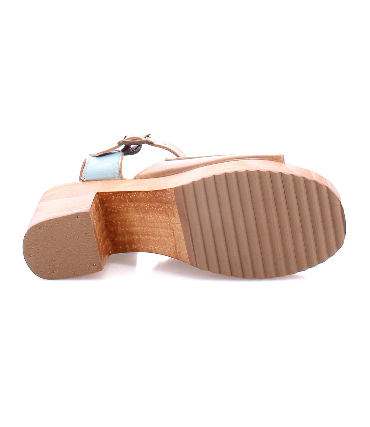 A pair of Jetsetter sandals from Bed Stu with a wooden sole and leather heels.
