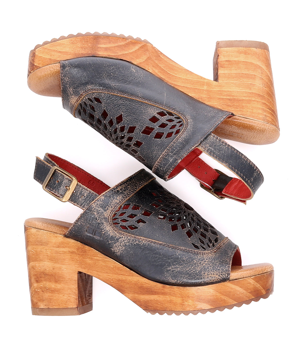 A pair of Bed Stu Jinkie women's sandals with adjustable ankle buckle and wooden heels.