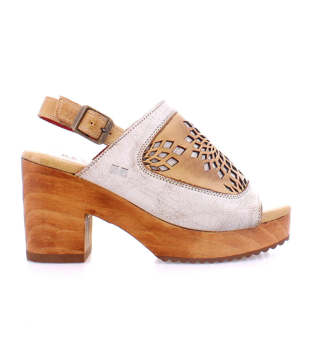 An adjustable ankle buckle sandal with a wooden platform and a wooden heel called Jinkie by Bed Stu.