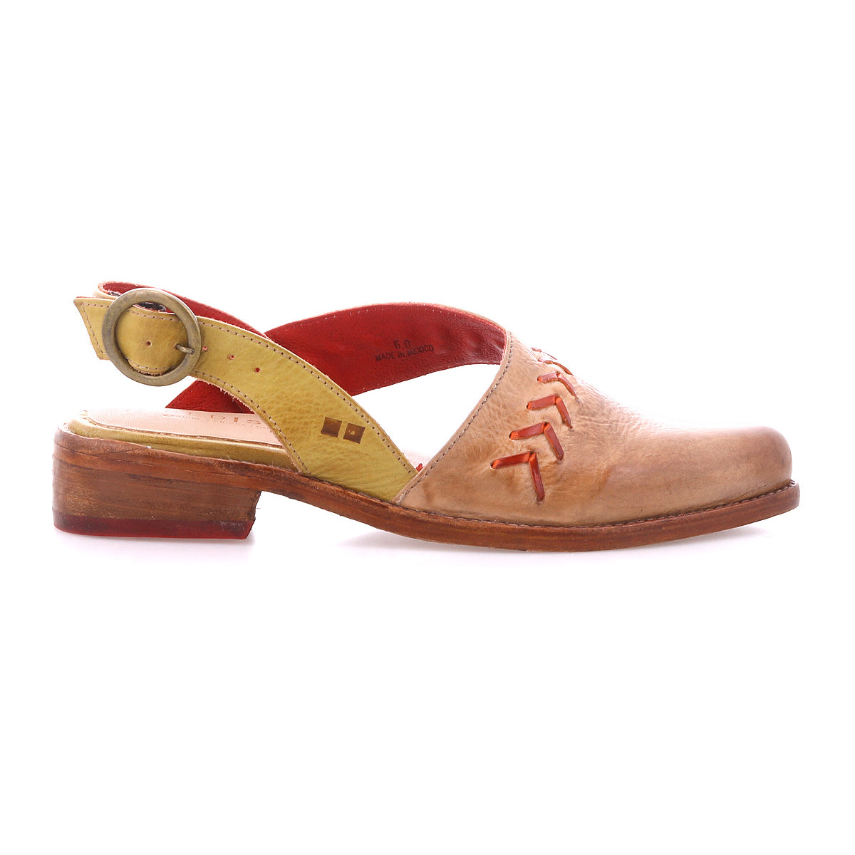 Join by Bed Stu is a tan leather slingback with a pointed toe, low wooden heel, side buckle, red interior lining, and decorative red stitching on the upper.