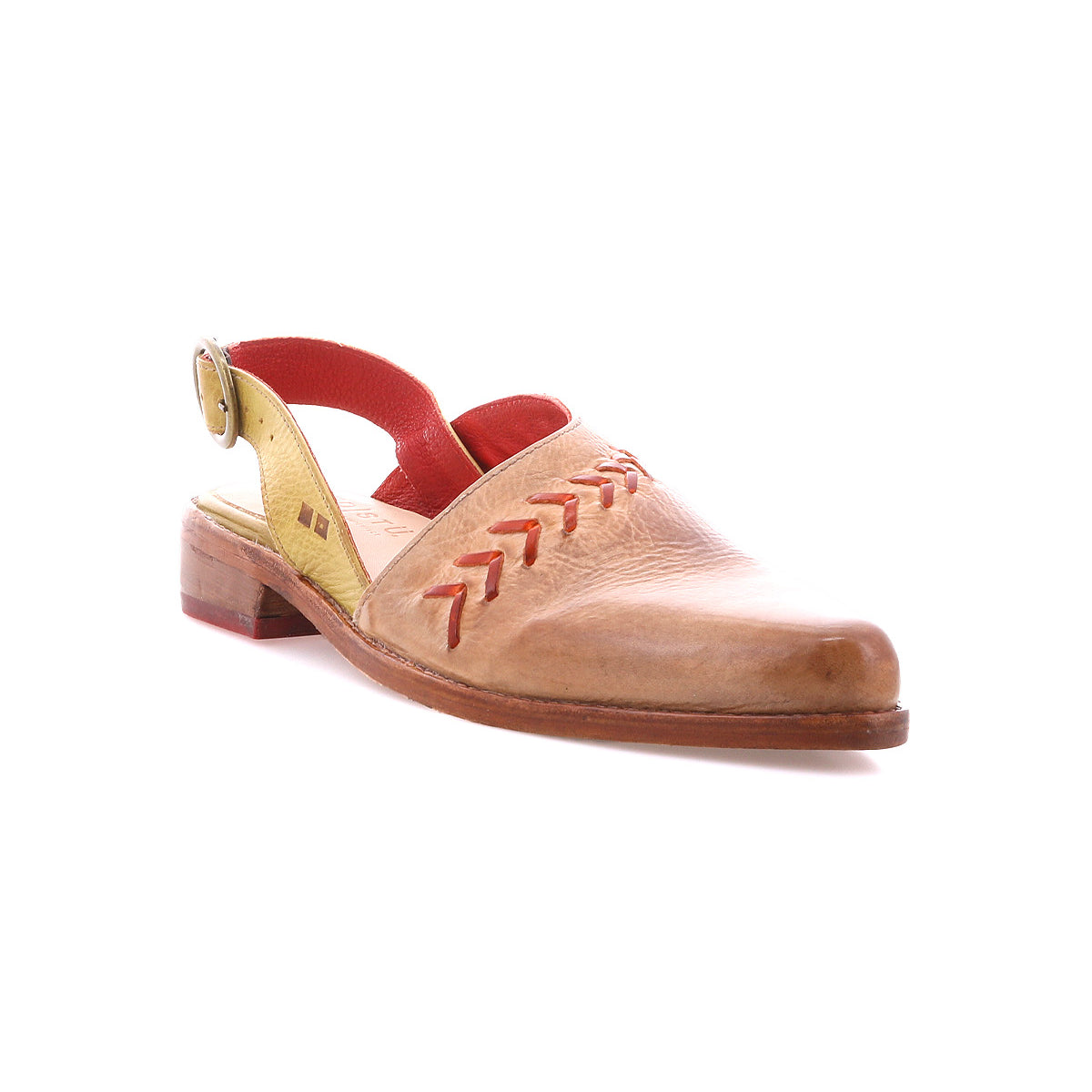The Bed Stu Join is a tan leather slingback flat with a closed pointed toe, red side stitching, handwoven arrow inlays, a red interior strap, low brown heel, and ankle buckle.
