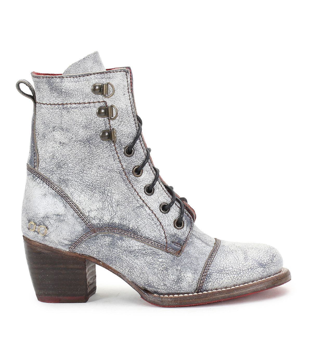 A lone, gray Bed Stu Judgement boot showcases a lace-up design and a distressed texture, highlighted by metallic accents and set on a chic block heel against a white backdrop.