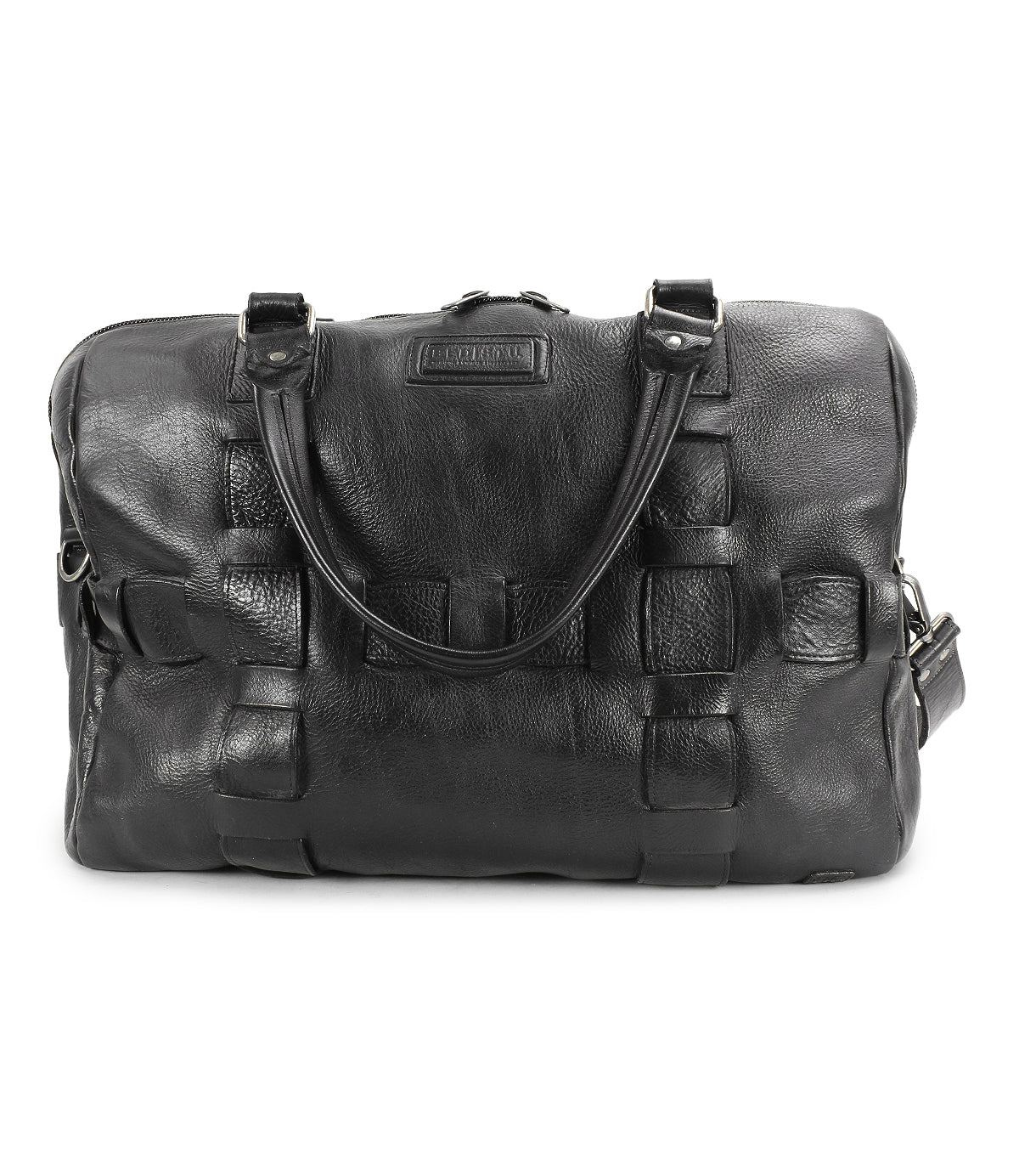 A handcrafted black leather travel duffle with two handles, an adjustable shoulder strap, and a zippered top closure. The Keg by Bed Stu features stitched detailing on the front.