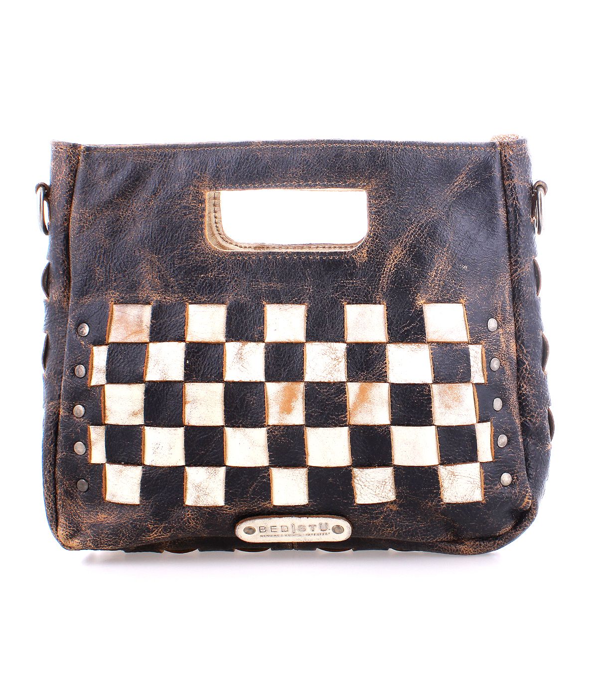 Bed Stu's Keiki handbag features a black and white checkered design, a cut-out handle, metal studs, a metallic brand plate at the bottom center, and an adjustable strap.