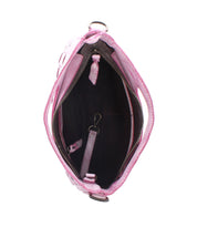 The Bed Stu Keiki pink handbag features a ziptop closure, woven panels, multiple interior compartments, and a clip for securing items.