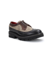 A retro chic two-tone shoe with a beige and brown leather upper, black trim, thick black rubber sole, and brown laces: the Lita K III by Bed Stu.