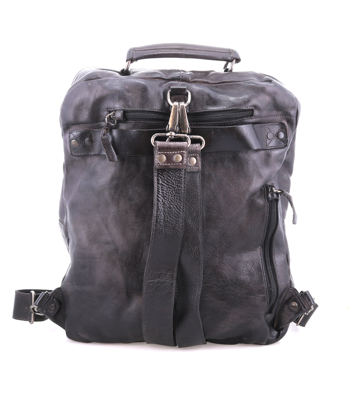 The Lafe backpack by Bed Stu is a spacious, worn black leather bag with multiple zippers and straps. It features a top handle, central metal hook for utility, and a security tab to keep your belongings safe on adventures.