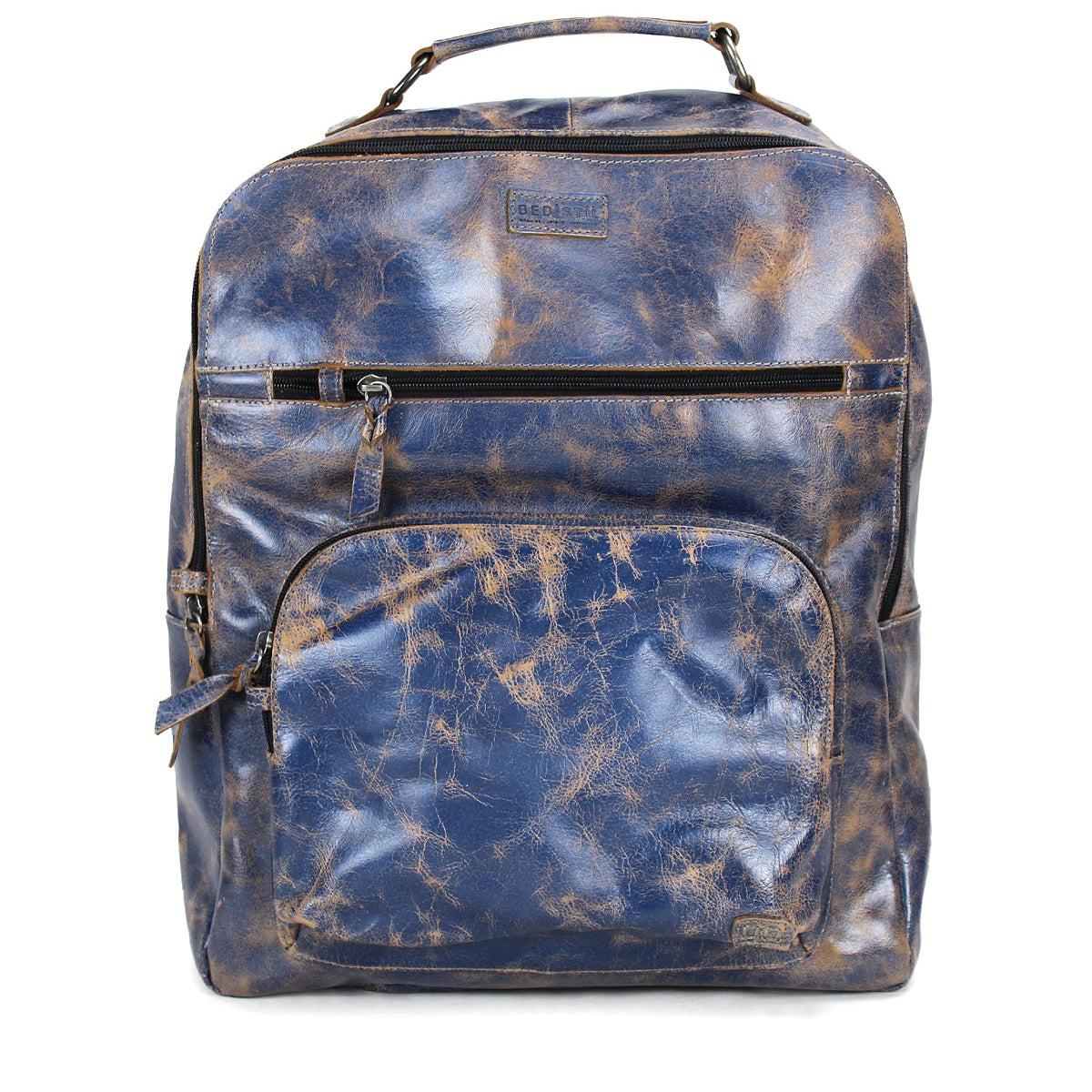 The Lafe backpack by Bed Stu is a square-shaped, blue and brown distressed leather bag with a top handle, front zipper pocket, and main compartment—ideal as a work bag or travel carry-on.