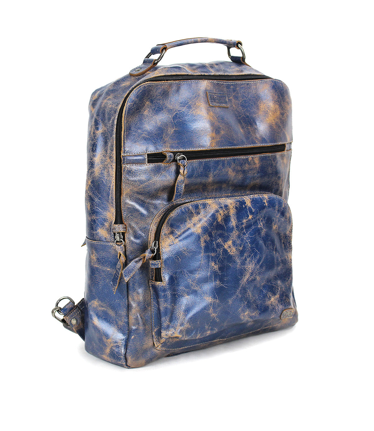 The Bed Stu Lafe is a blue and brown distressed leather backpack with a top handle, front zippered pocket, and silver-tone zippers—ideal as a travel carry-on or work bag, displayed against a white background.