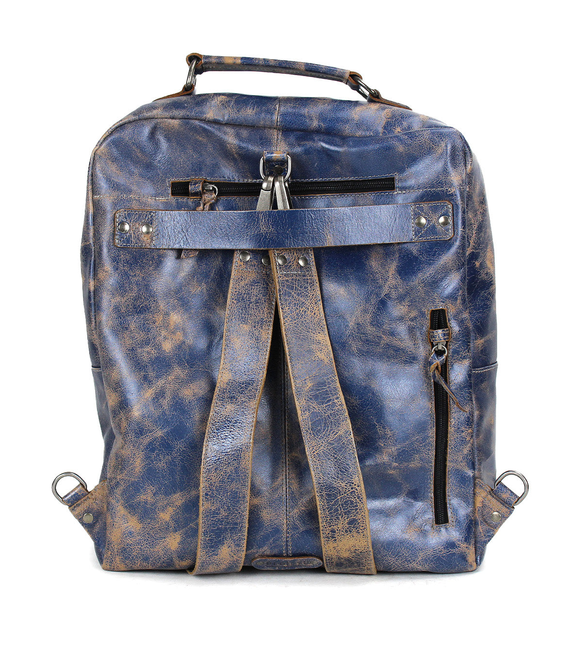 The Bed Stu Lafe is a distressed blue leather backpack with adjustable shoulder straps, top handle, zipper pockets, and metal hardware—perfect as a stylish travel carry-on or versatile work bag.