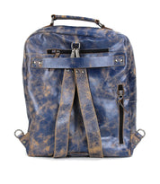 The Bed Stu Lafe is a distressed blue leather backpack with adjustable shoulder straps, top handle, zipper pockets, and metal hardware—perfect as a stylish travel carry-on or versatile work bag.