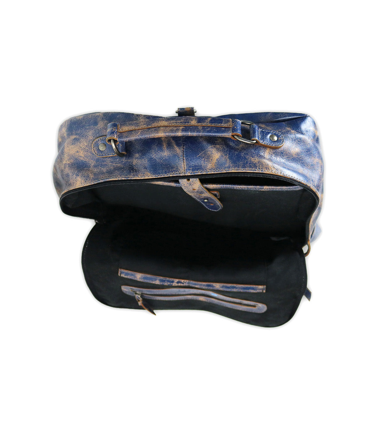 Open view of the Bed Stu Lafe distressed blue leather backpack showing a spacious main compartment, zippered pocket, and small slip pocket—perfect as a travel carry-on or stylish work bag, set against a white background.