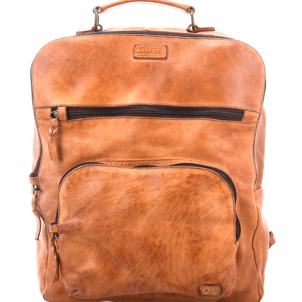 The Bed Stu Lafe is a spacious tan leather backpack featuring a top handle, front zip pocket, and branded label—an ideal choice for a stylish travel carry-on.