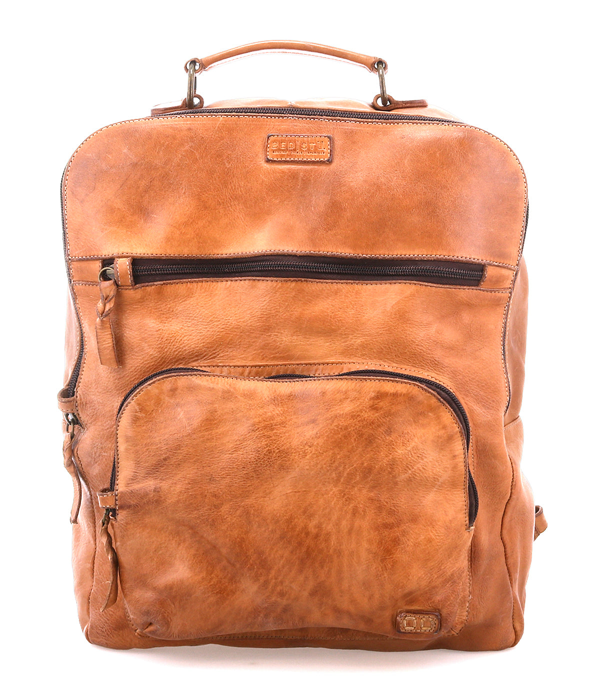 The Bed Stu Lafe is a spacious tan leather backpack featuring a top handle, front zip pocket, and branded label—an ideal choice for a stylish travel carry-on.