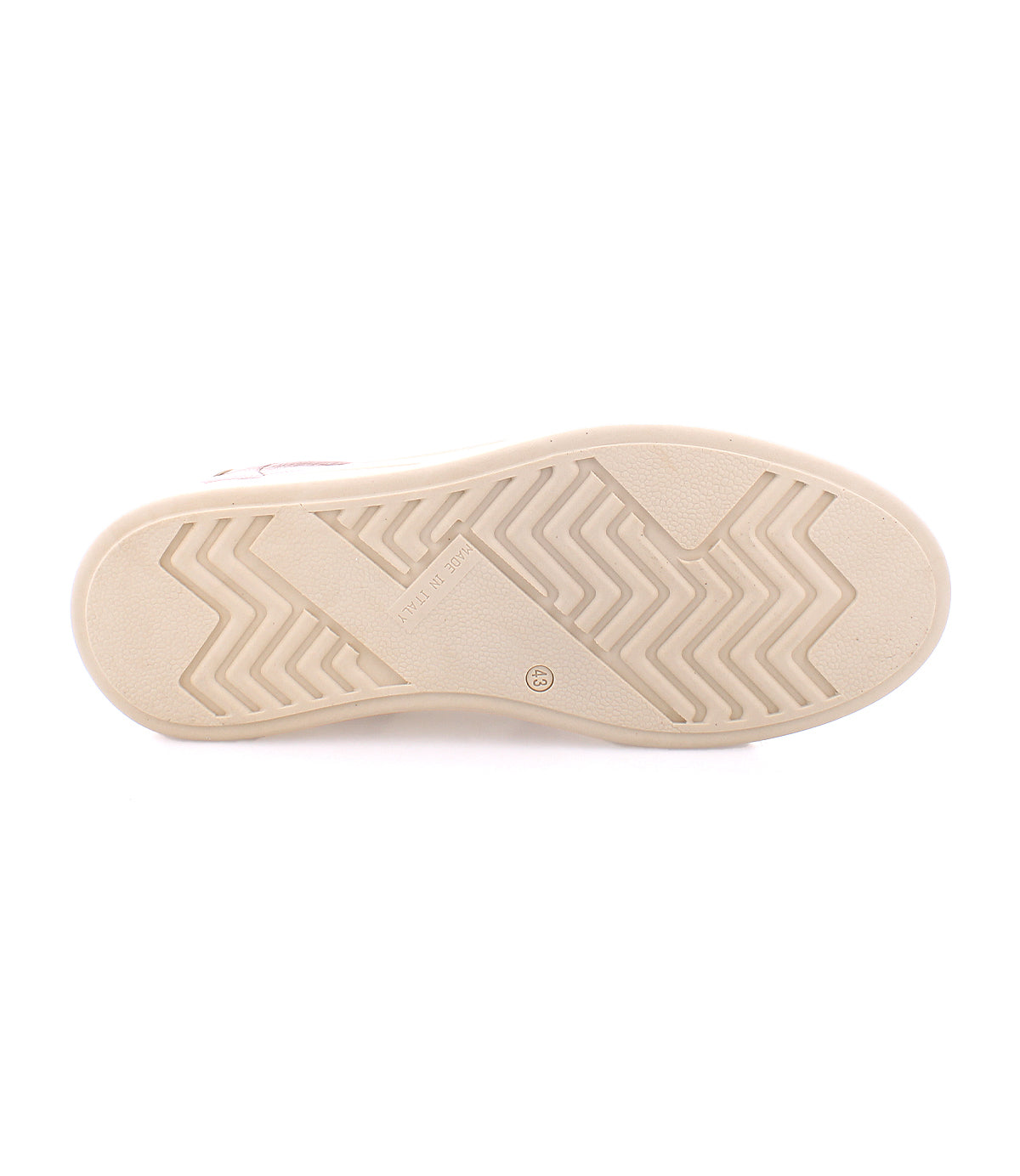 The image showcases the sole of a white shoe with a zigzag tread pattern and a flat, consistent surface, embodying an avant-garde design. This is the Law by Bed Stu.