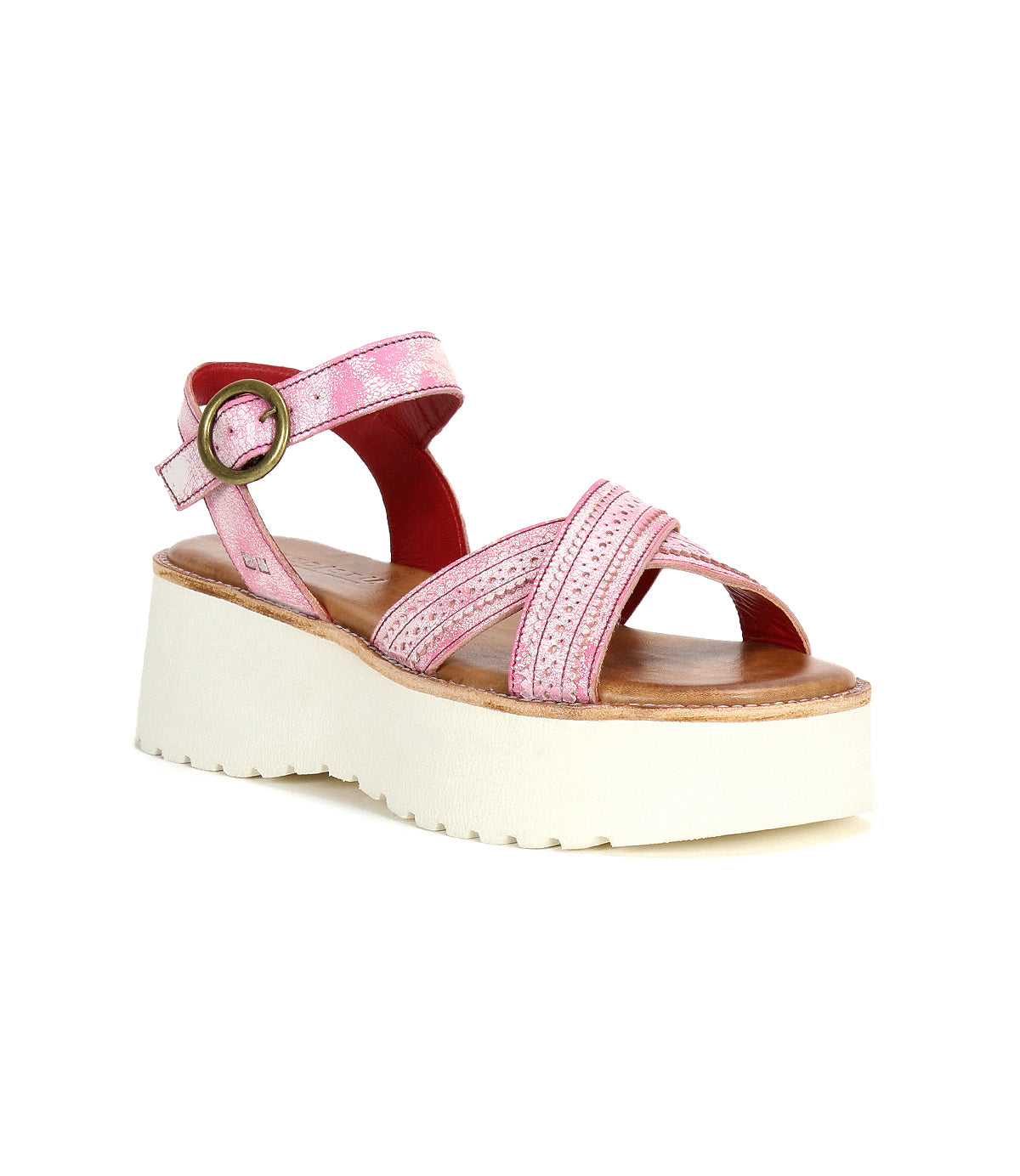 The Bed Stu Lift is a pink platform sandal featuring crisscross straps, an adjustable ankle buckle, and a thick white sole—perfect for effortless warm-weather style.