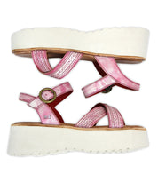 Bed Stu's Lift sandals feature pink cross straps, adjustable ankle buckles, and chunky white platform soles. Shown side by side on a white background—perfect for warm-weather style.