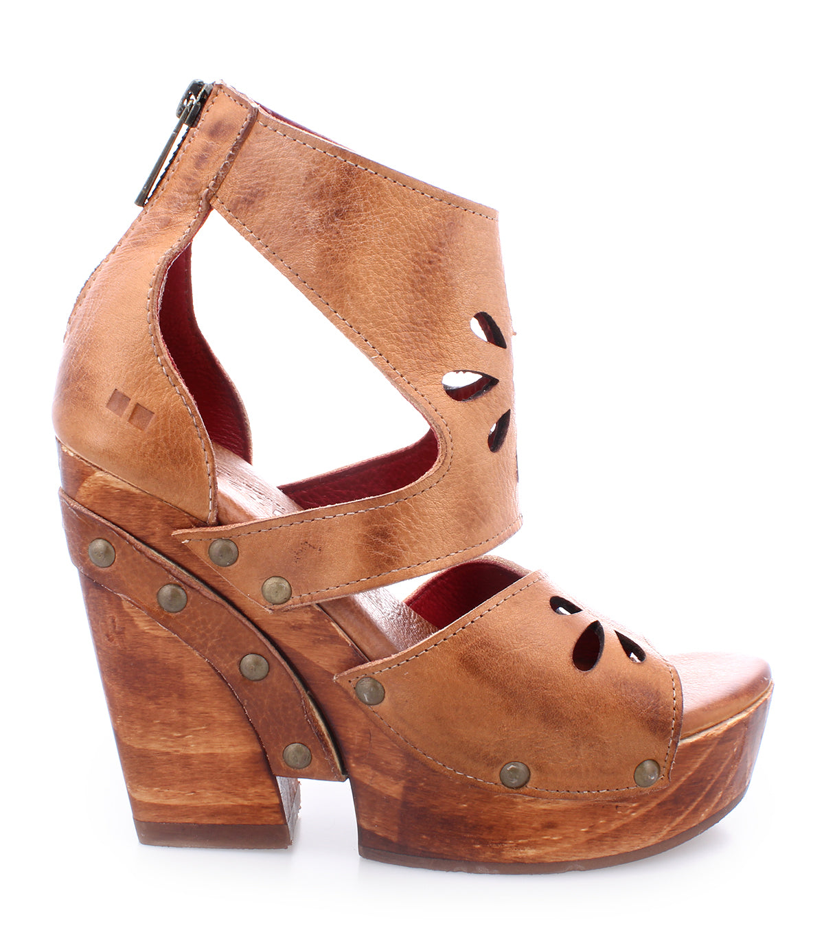 A women's sandal with a wooden platform and leather straps from Bed Stu's Lucrative collection.