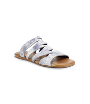 The Bed Stu Margin is a silver strappy slide sandal with a leather upper and flat brown sole, designed for all-day comfort and shown from an angle.
