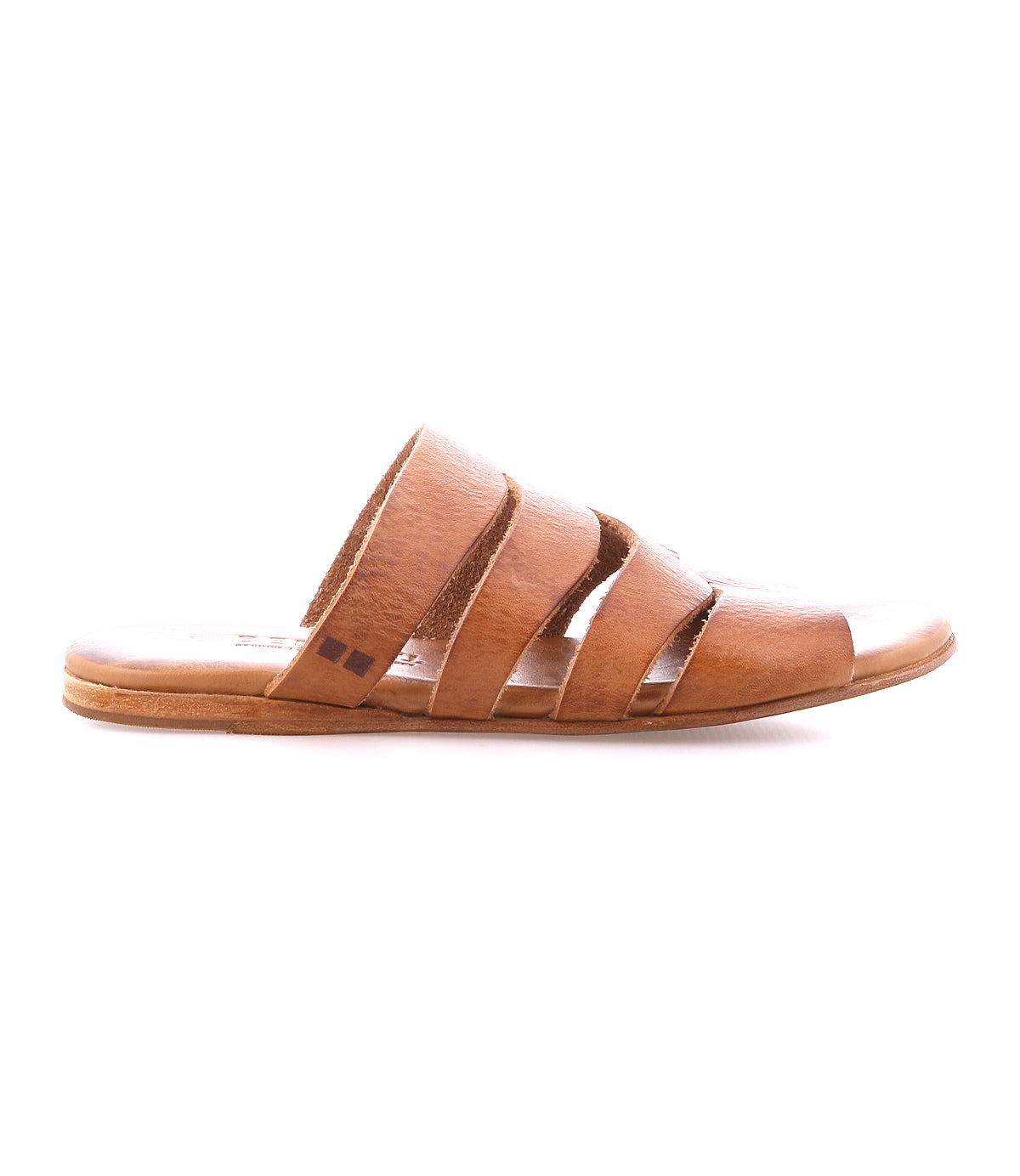 The Bed Stu Margin is a brown leather slide sandal with a leather upper and three strap cutouts, featuring a flat sole. Perfect for casual outings and viewed from the side.