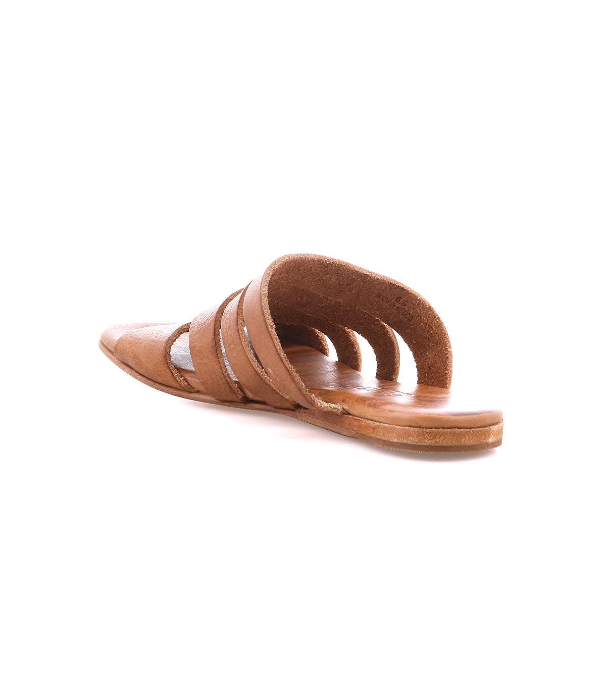 The Margin sandal by Bed Stu is a brown slide with a leather upper featuring three parallel straps on a flat sole, viewed from behind on a white background—ideal for casual outings.