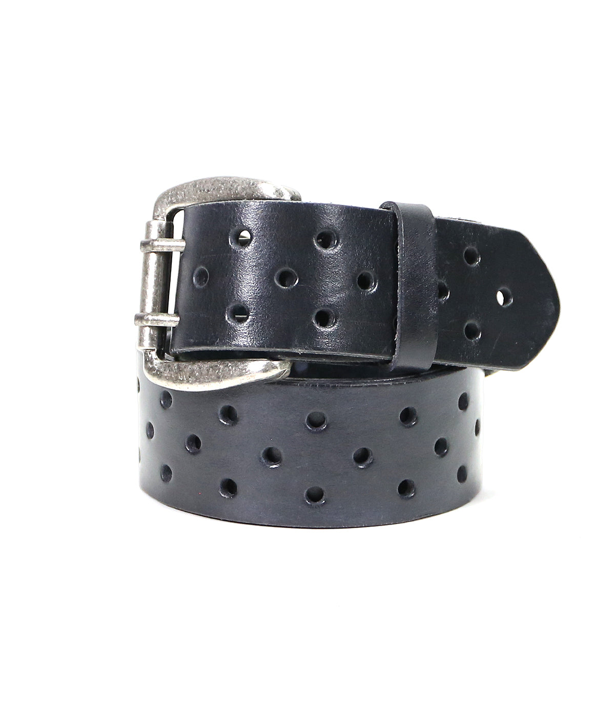 Black Mccoy vegetable-tanned leather belt with perforations and a silver buckle, coiled neatly on a white background by Bed Stu.