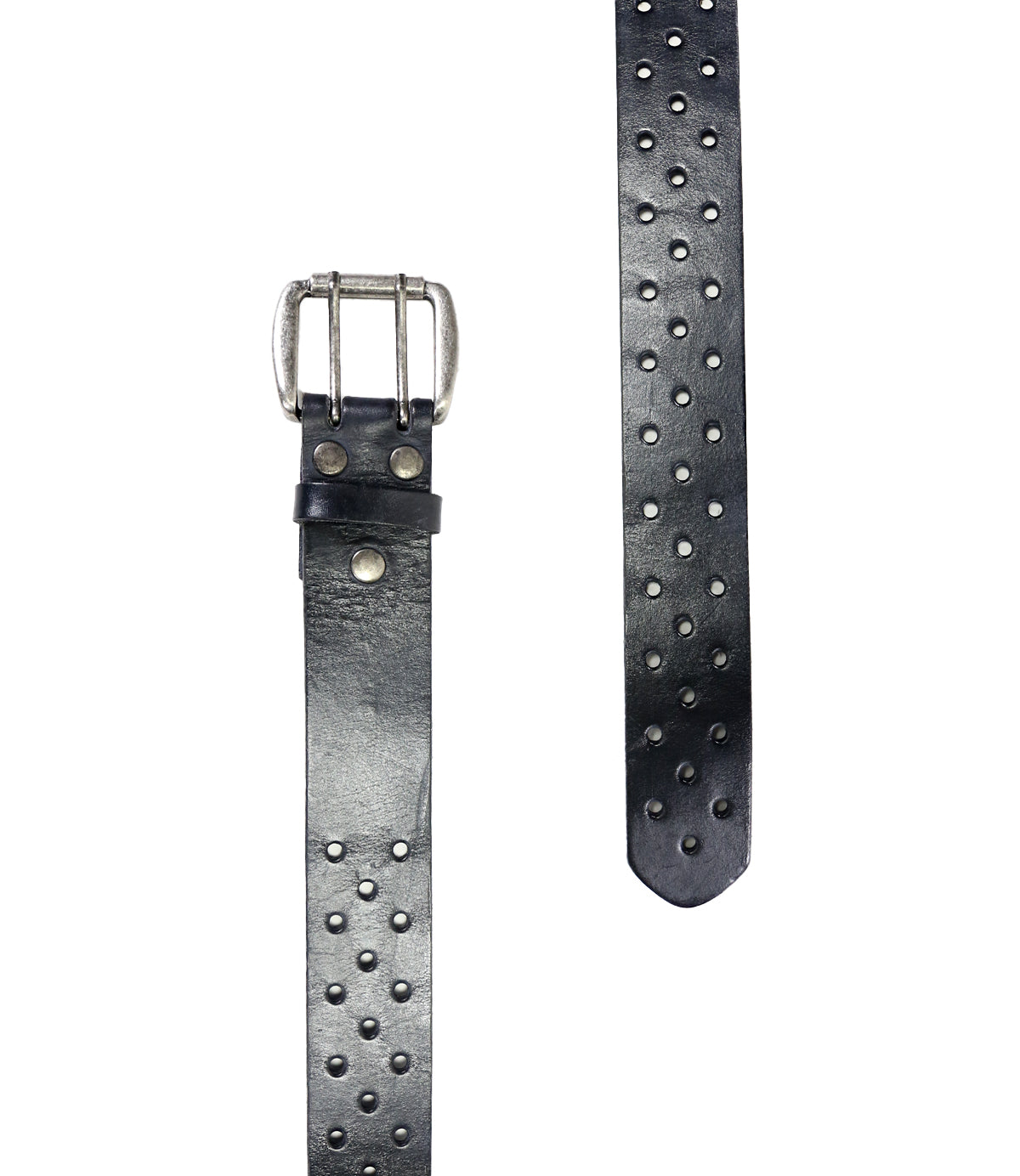 A black vegetable-tanned leather McCoy belt from Bed Stu with a silver buckle and numerous embossed dots, isolated on a white background.