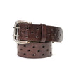 A brown Bed Stu vegetable-tanned leather belt with a silver buckle and multiple holes throughout, coiled loosely, isolated on a white background.