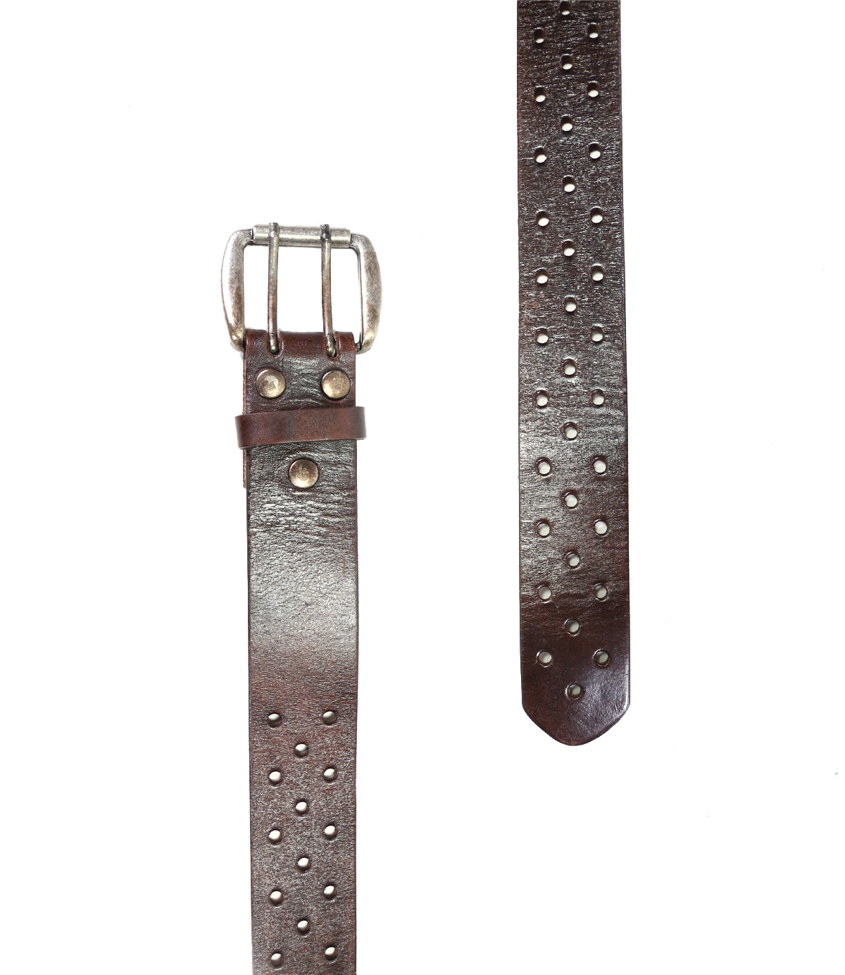 Two Mccoy vegetable-tanned leather belts with metal studs, one buckled, isolated on a white background by Bed Stu.