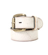 A Meander coiled white leather belt with a removable antique buckle, isolated on a white background.