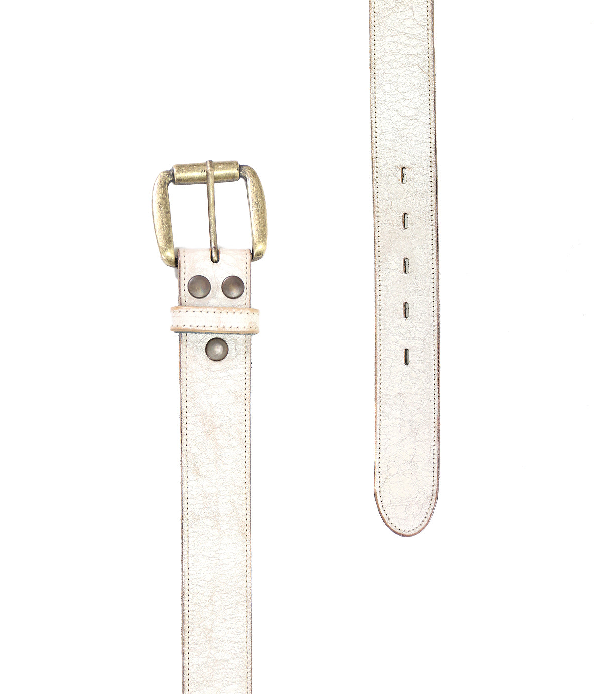 Two separate parts of a Meander distressed white leather belt by Bed Stu displayed against a white background, one with a removable buckle and the other with holes.