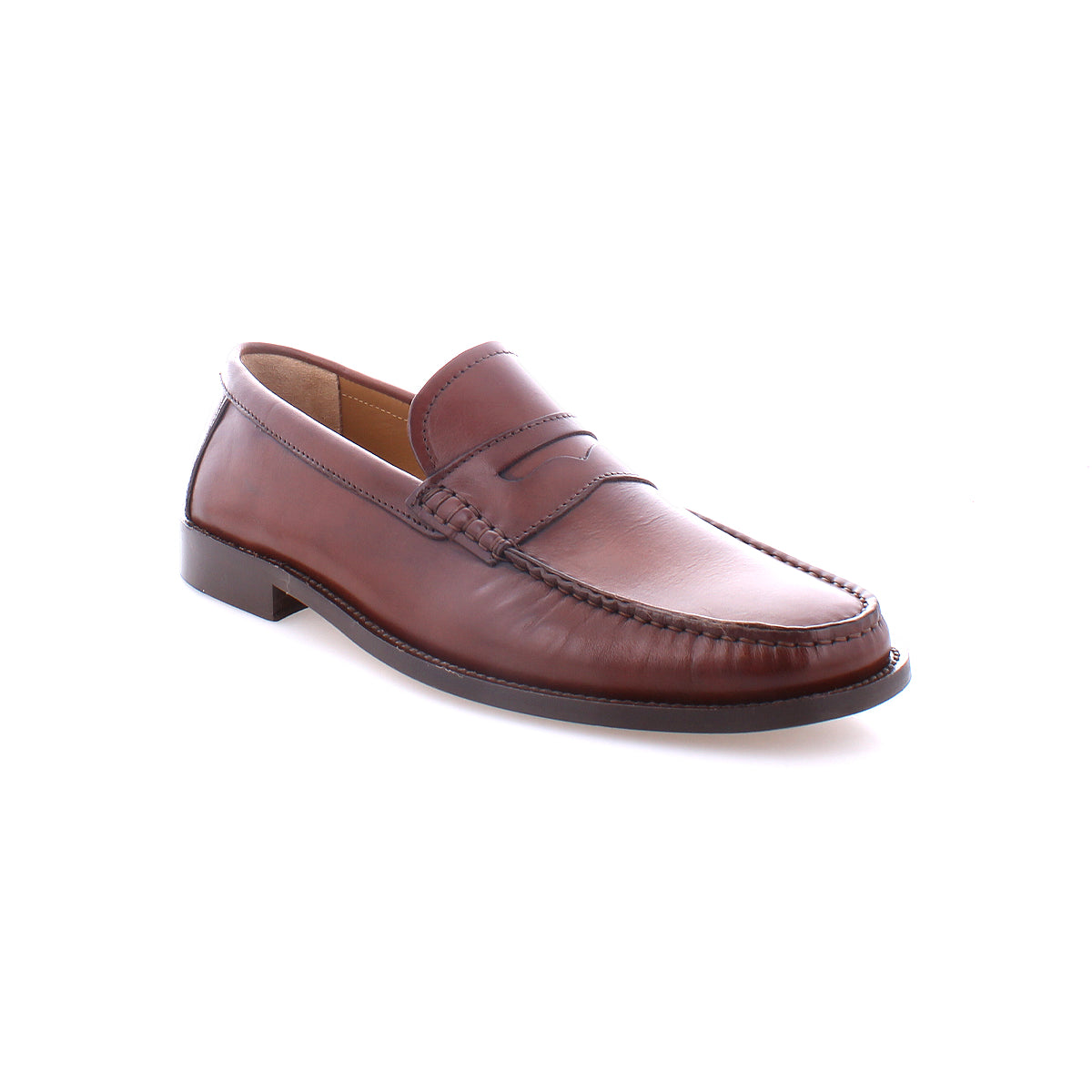 A Moat by Bed Stu is a brown leather loafer handcrafted in Italy with a slightly raised heel and stitching details along the edges.