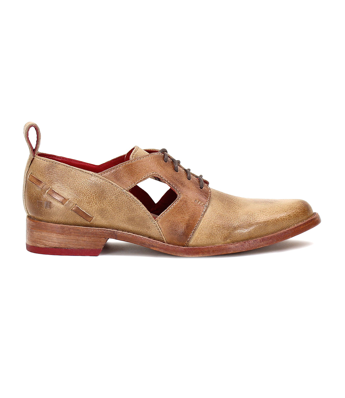 Brown leather cut-out Neftis oxford shoe with a pointed toe on a white background by Bed Stu.