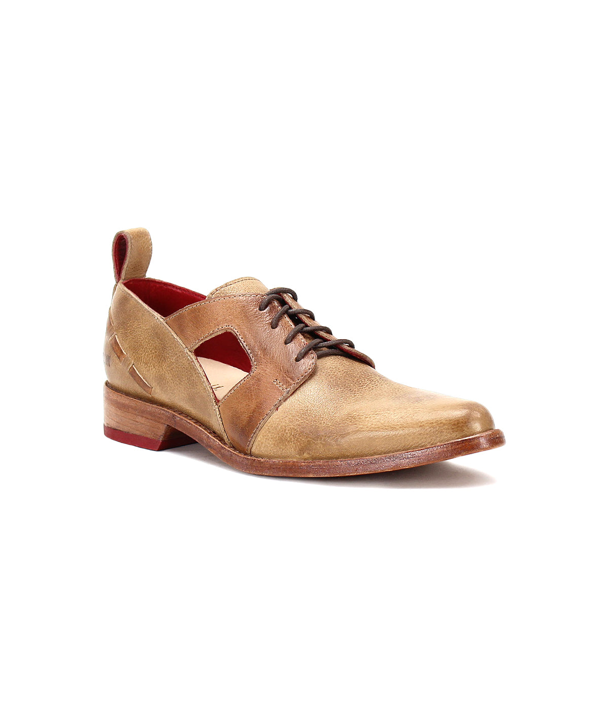 A single brown leather Bed Stu dress shoe with a pointed toe lace-up design against a white background.