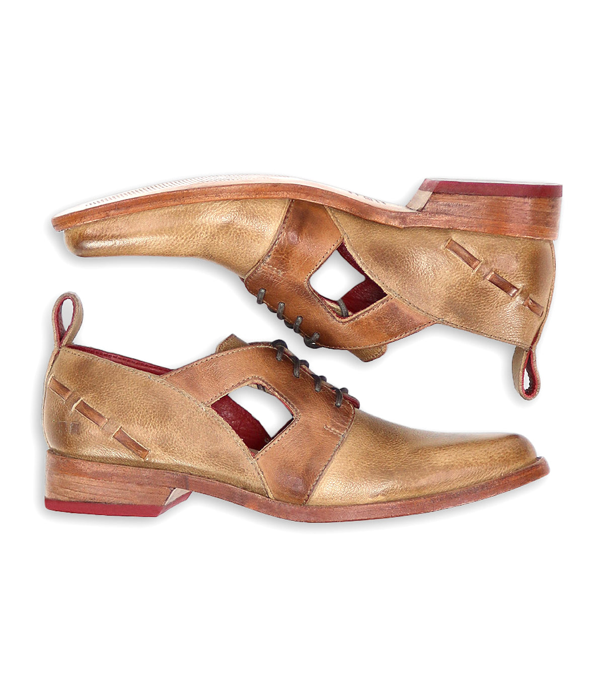 A pair of brown leather lace-up Neftis dress shoes by Bed Stu with cut-out details and a pointed toe for all-day comfort.