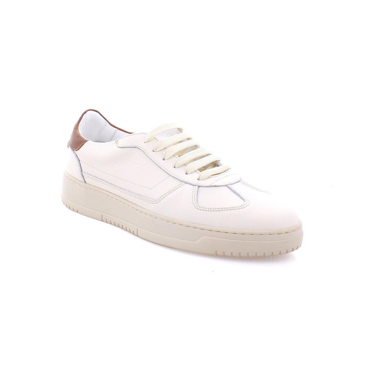 A single North sneaker from Bed Stu with high-quality leather, light beige outsole, and brown heel accents, viewed from an angle on a plain white background.
