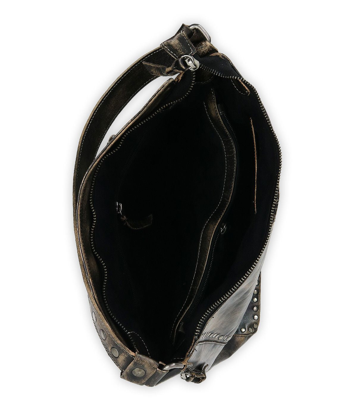 Top view of a partially open Packet LTC by Bed Stu, showcasing its studded leather design and revealing its black interior with compartments.