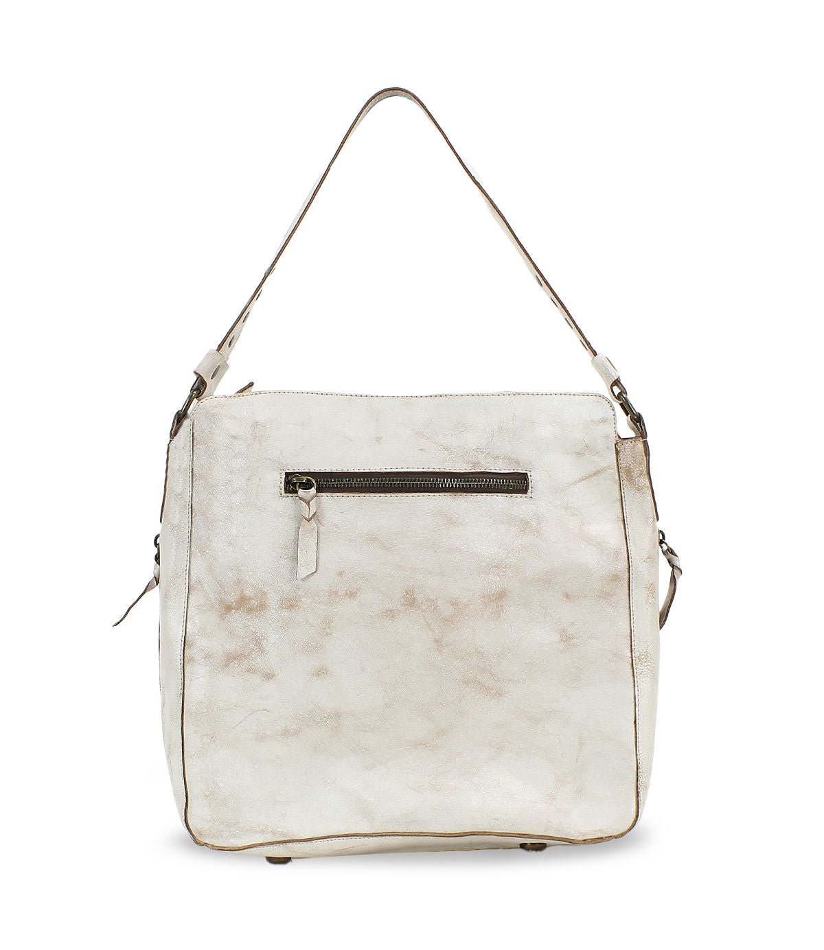 The Packet LTC by Bed Stu is a distressed white leather shoulder tote bag with a front zippered pocket and a comfortable shoulder strap.