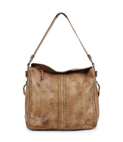 Packet LTC by Bed Stu: A brown leather shoulder tote bag embellished with decorative metal studs and a zippered top.