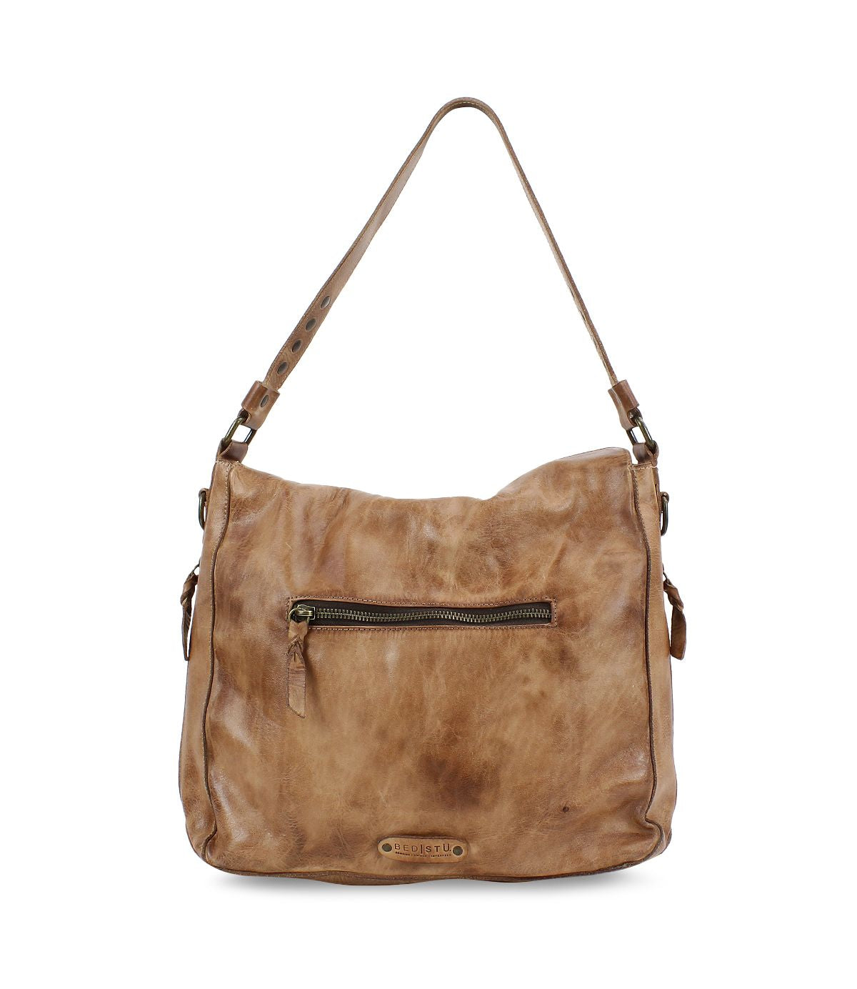 The Packet LTC by Bed Stu is a brown leather hobo-style travel tote handbag, featuring an adjustable shoulder strap and a convenient front zipper pocket.