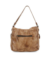 The Packet LTC by Bed Stu is a brown leather hobo-style travel tote handbag, featuring an adjustable shoulder strap and a convenient front zipper pocket.