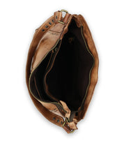 Top view of the open Packet LTC by Bed Stu, a brown leather travel tote featuring multiple compartments and a strap, highlighting its interior space and metal hardware.