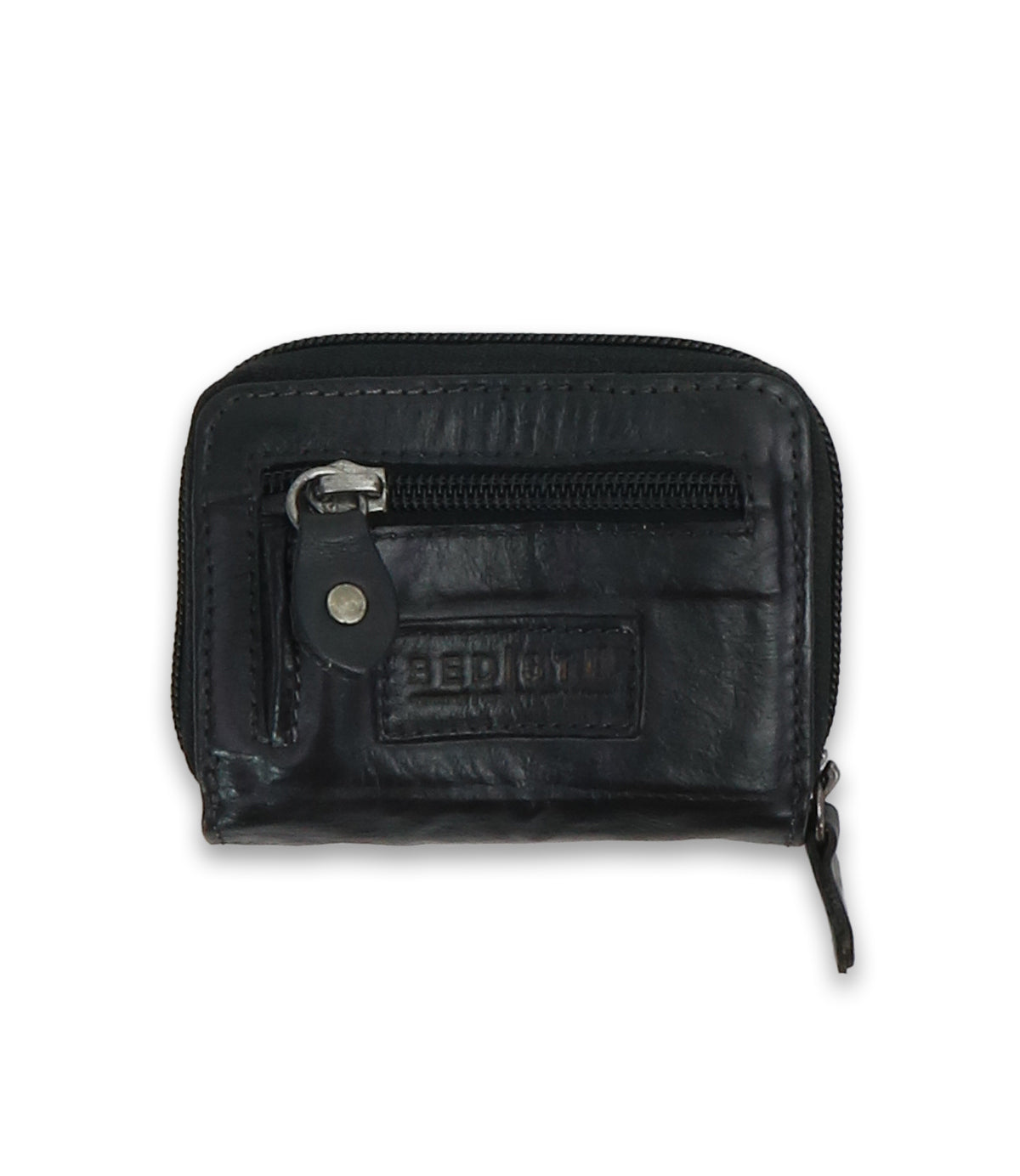 The Peek wallet by Bed Stu is a small black premium leather accessory, featuring a central zipper pocket, card slots for organization, and a silver button on the side flap.
