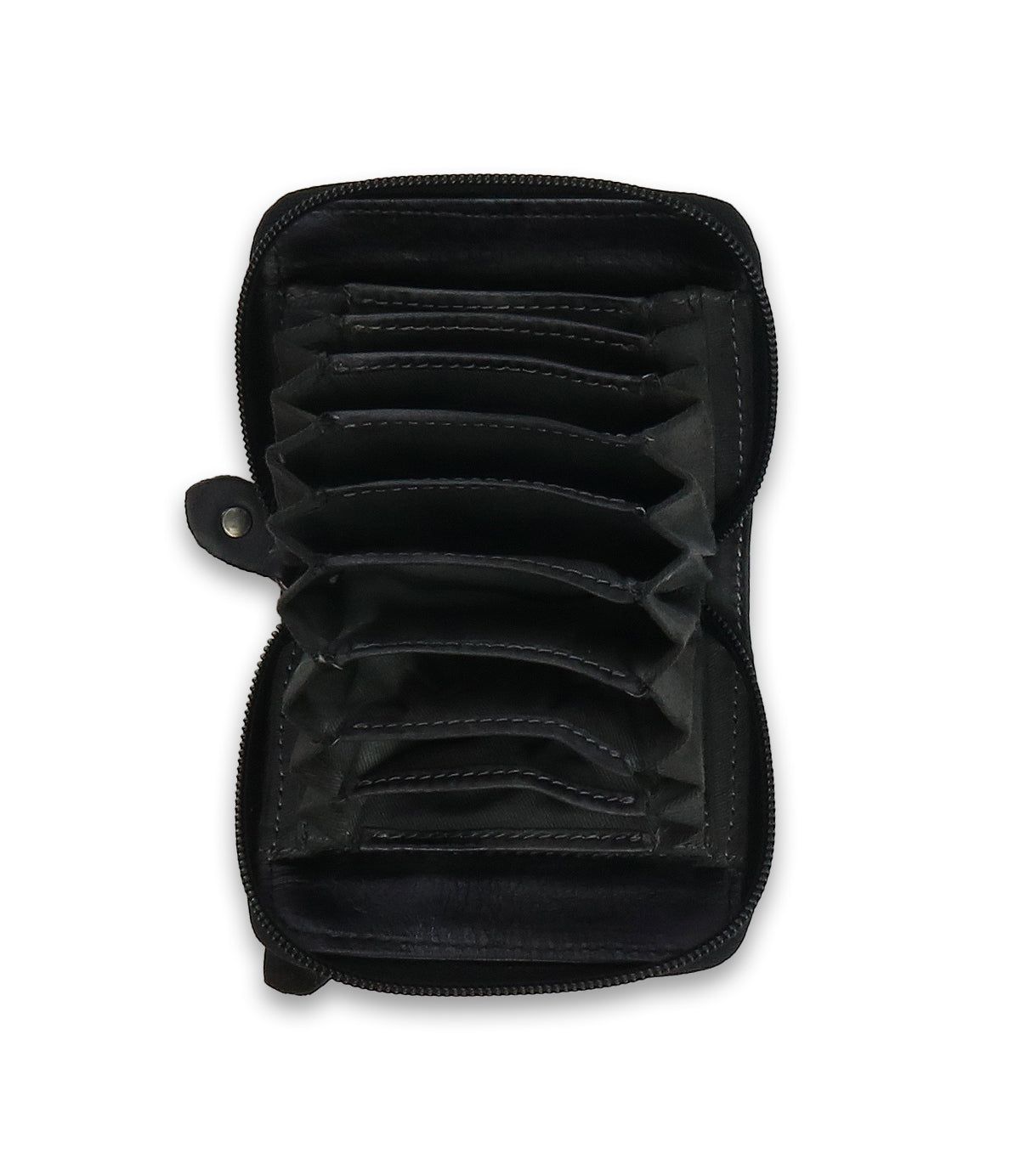 The Bed Stu Peek accordion-style wallet, crafted from premium leather, opens to multiple empty compartments and card slots with a zippered closure.