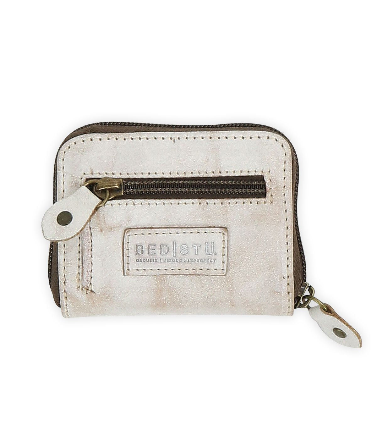 The Peek Wallet by Bed Stu is a premium beige leather accessory featuring card slots, a front pocket, and a branded patch labeled "BED|STÜ.
