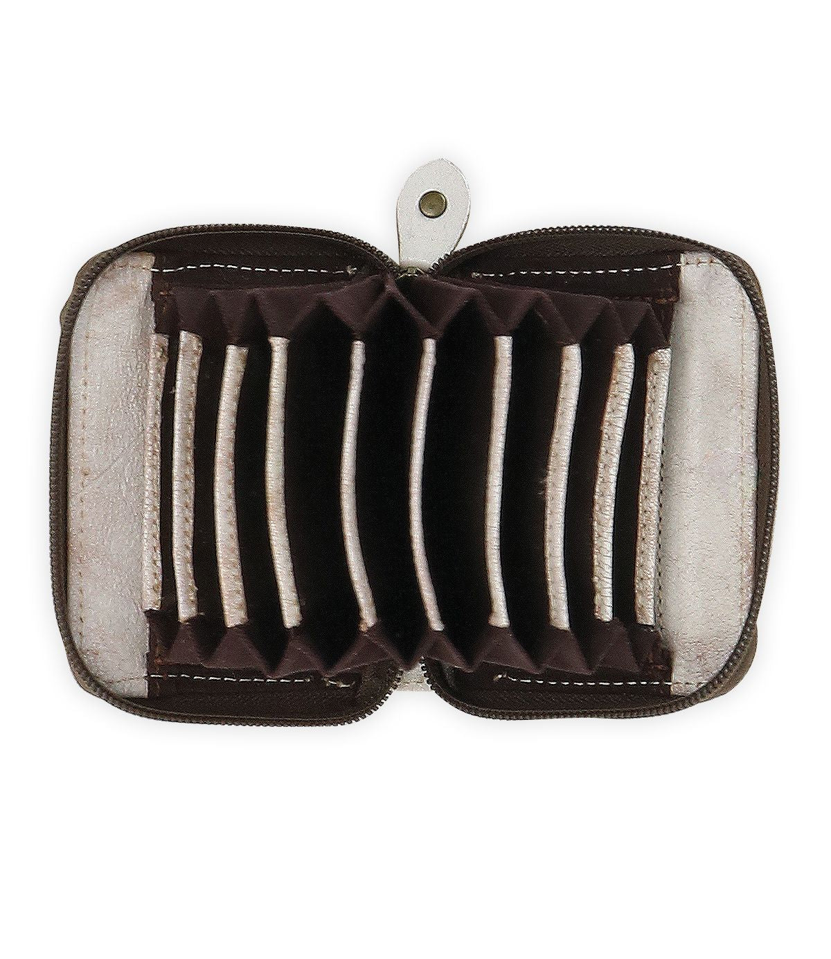 The Peek by Bed Stu is an open, empty, accordion-style wallet. Crafted from premium brown leather, it features multiple card slots and a secure button closure.