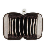 The Peek by Bed Stu is an open, empty, accordion-style wallet. Crafted from premium brown leather, it features multiple card slots and a secure button closure.