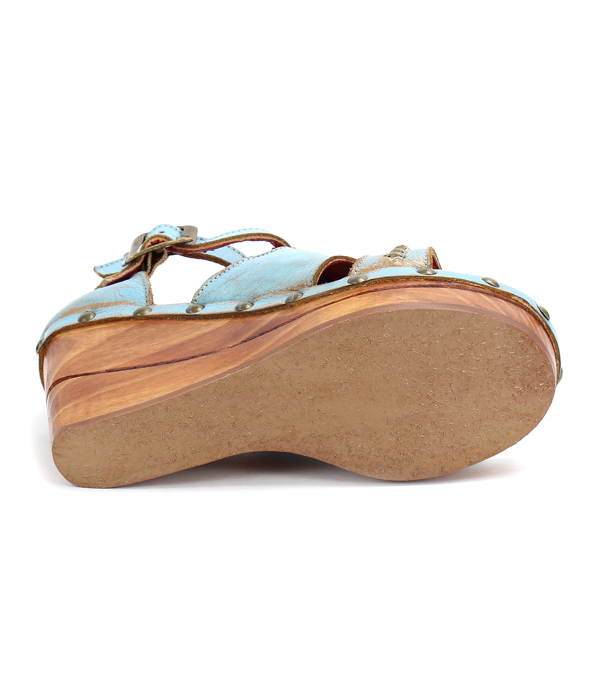 The Bed Stu Princess wooden wedge sandal for women features woven strappy uppers.